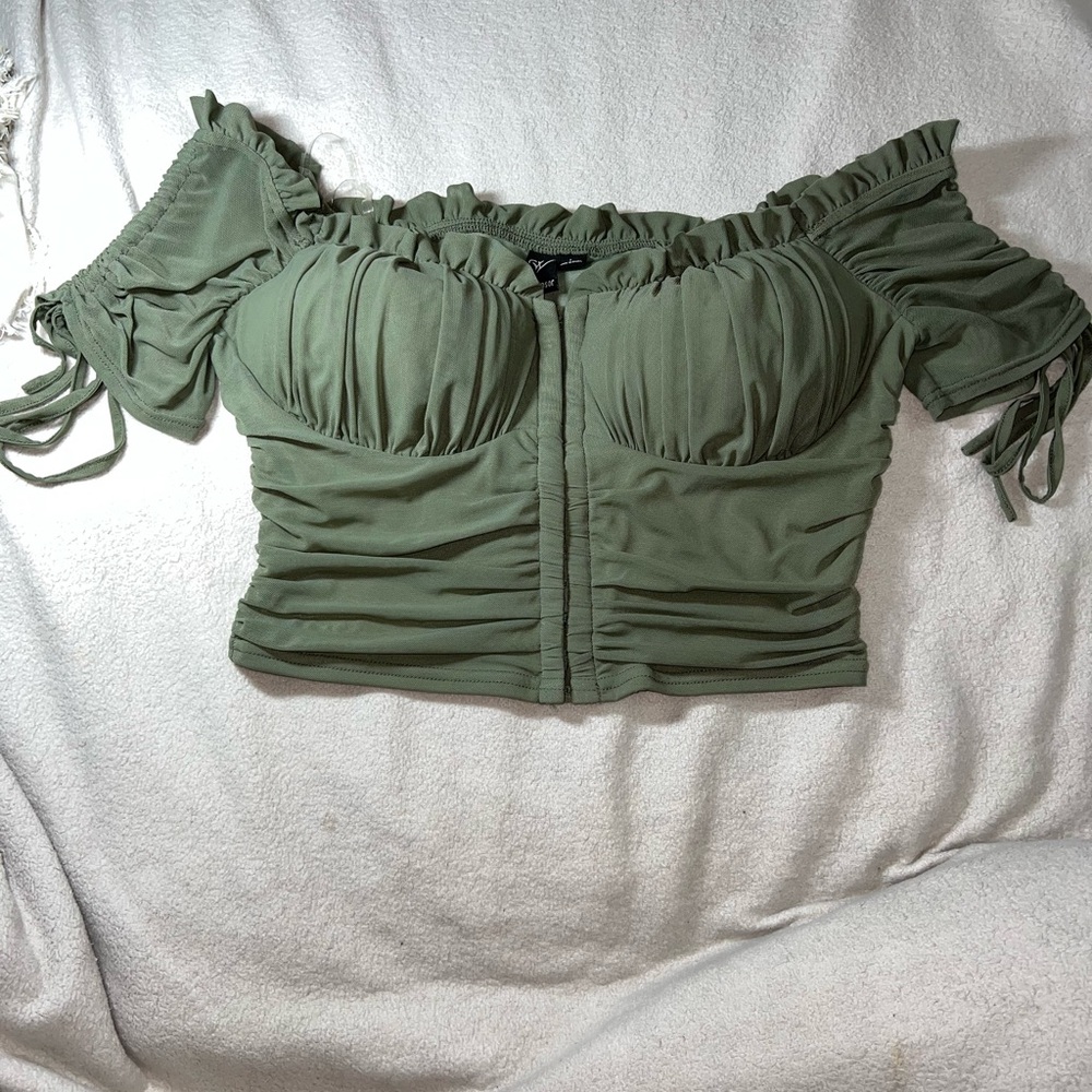 Windsor Green Ruched Crop Top with Ruffled Sleeves